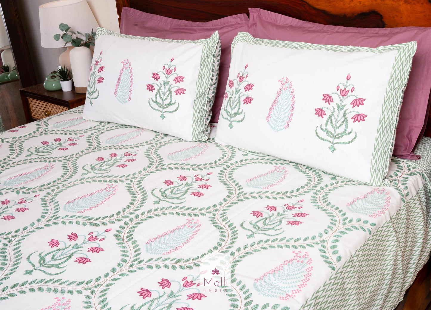 Mughal pink lotus in green leaf jaal - Pure cotton double bedsheet handblock printed