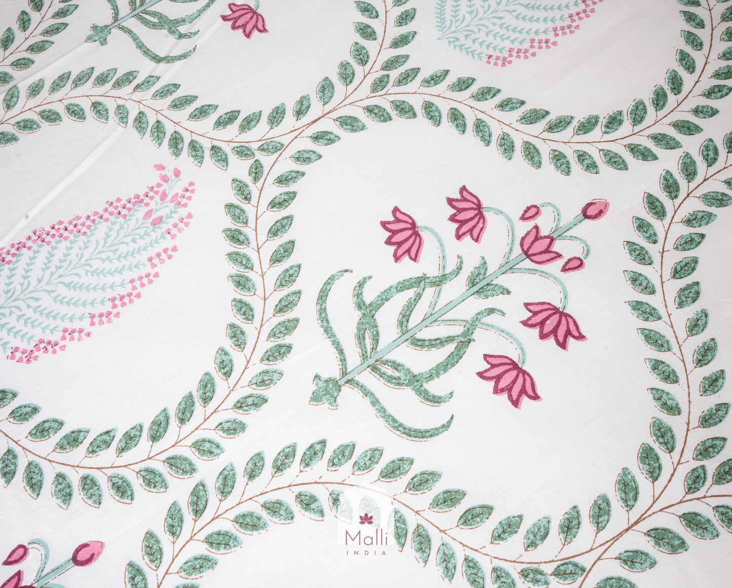 Mughal pink lotus in green leaf jaal - Pure cotton double bedsheet handblock printed