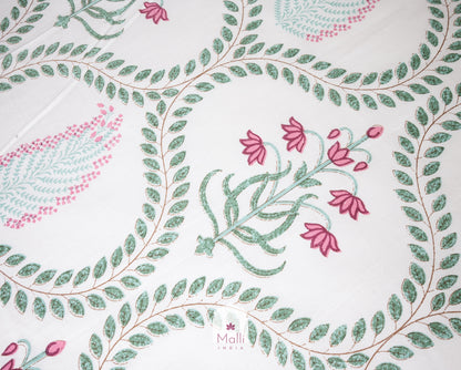 Mughal pink lotus in green leaf jaal - Pure cotton double bedsheet handblock printed