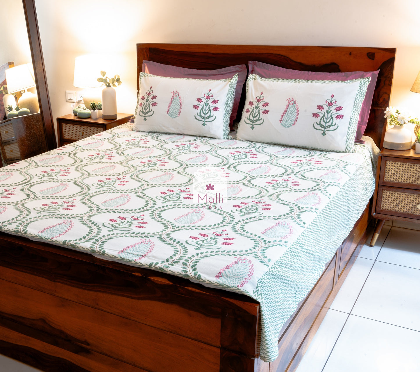 Mughal pink lotus in green leaf jaal - Pure cotton double bedsheet handblock printed