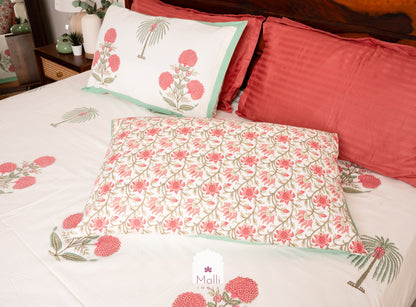 Pink chrysanthemum palm buti with green border - Pure cotton double bedsheet handblock printed