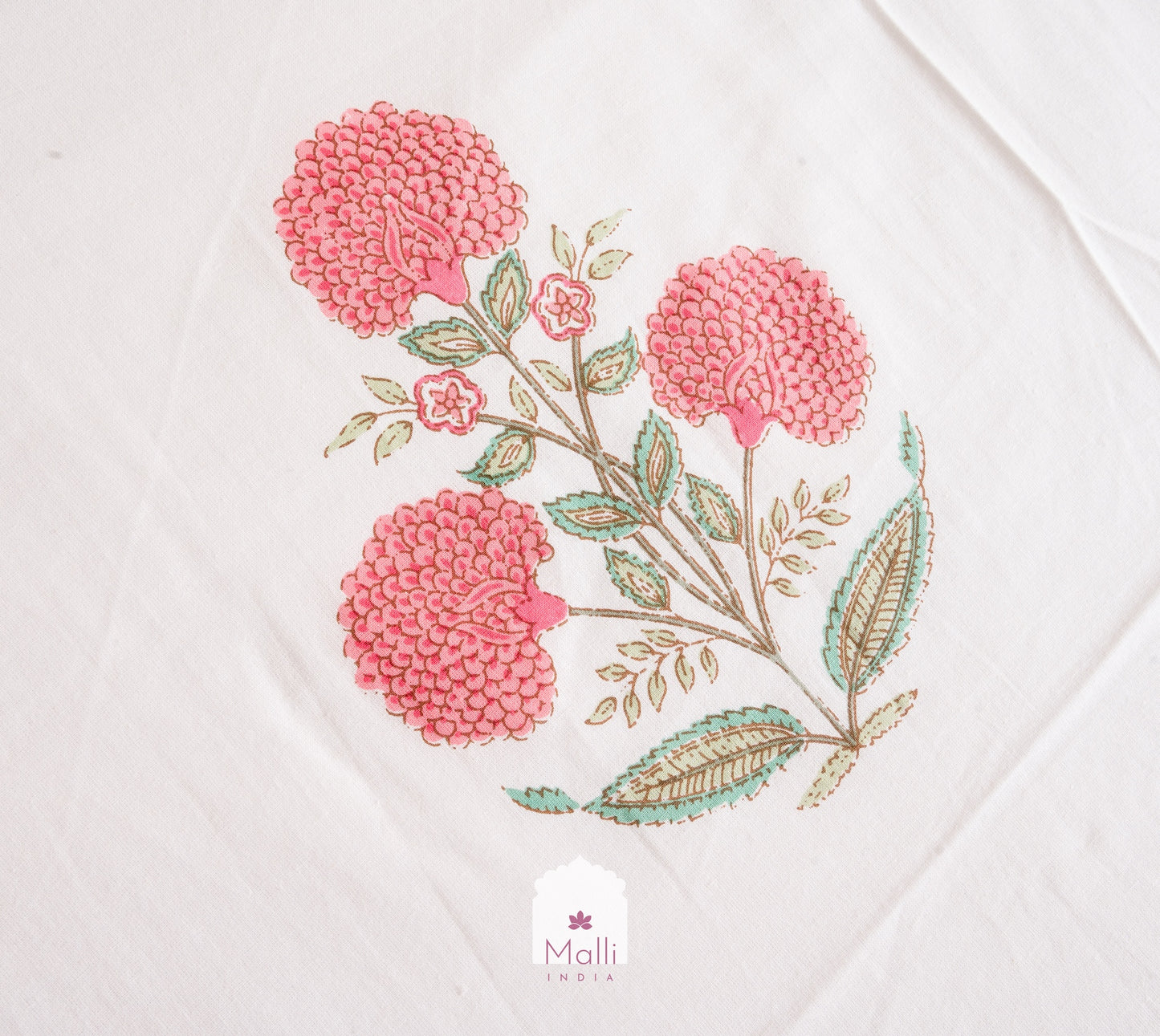 Pink chrysanthemum palm buti with green border - Pure cotton double bedsheet handblock printed