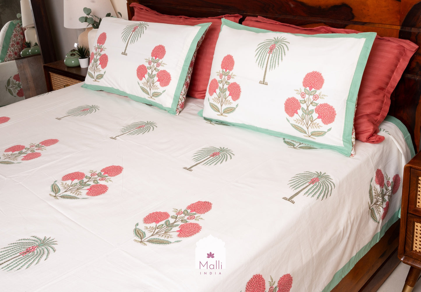 Pink chrysanthemum palm buti with green border - Pure cotton double bedsheet handblock printed