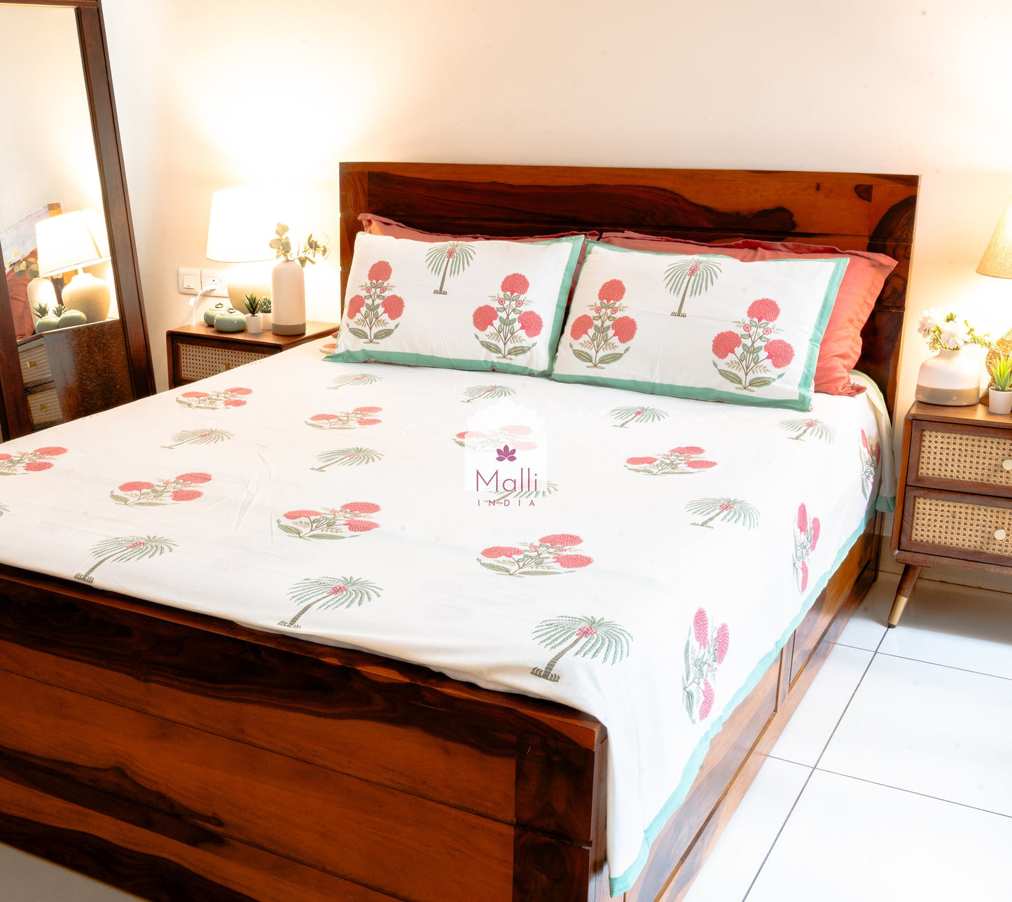 Pink chrysanthemum palm buti with green border - Pure cotton double bedsheet handblock printed