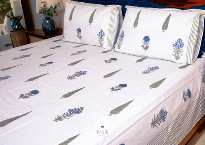 Blue madhumalti flowers buti - Pure cotton double bedsheet handblock printed (Super king)