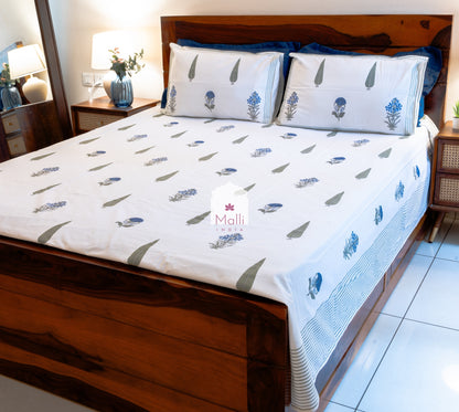 Blue madhumalti flowers buti - Pure cotton double bedsheet handblock printed (Super king)