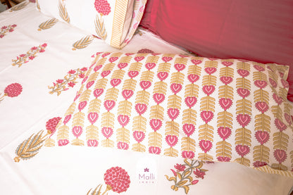 Peach bouquet with yellow leaves - Pure cotton double bedsheet handblock printed (Super king)