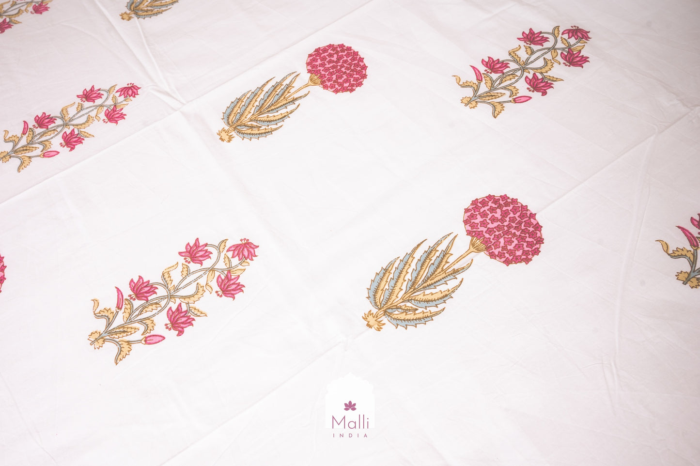 Peach bouquet with yellow leaves - Pure cotton double bedsheet handblock printed (Super king)