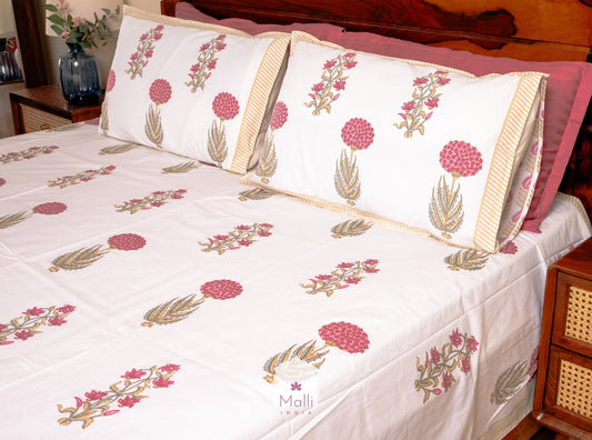 Peach bouquet with yellow leaves - Pure cotton double bedsheet handblock printed (Super king)