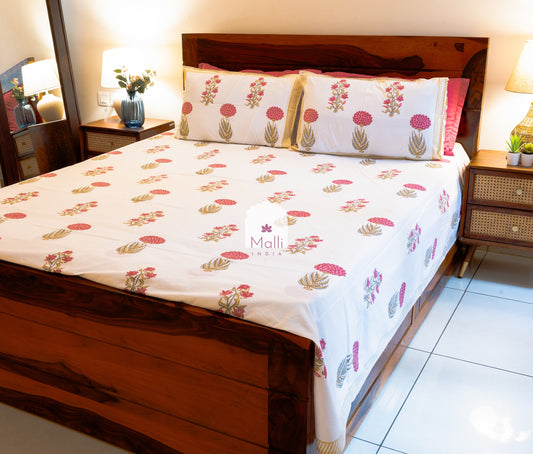 Peach bouquet with yellow leaves - Pure cotton double bedsheet handblock printed (Super king)