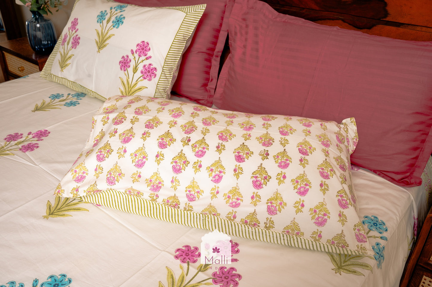 Pink & blue bloom - Pure cotton double bedsheet handblock printed (Super king)