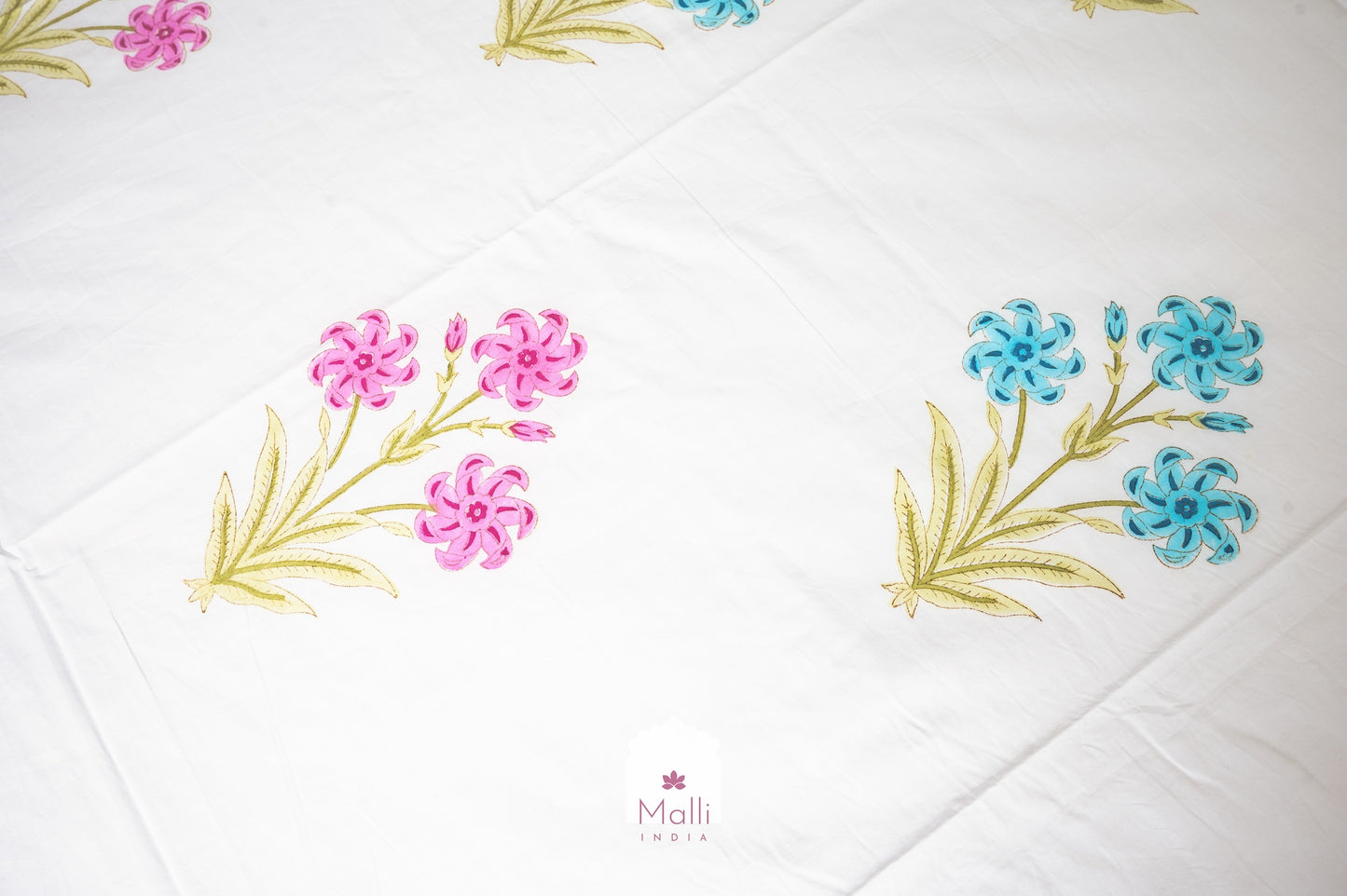 Pink & blue bloom - Pure cotton double bedsheet handblock printed (Super king)
