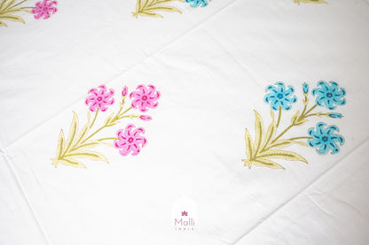 Pink & blue bloom - Pure cotton double bedsheet handblock printed (Super king)