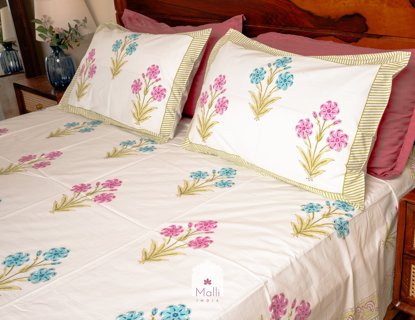 Pink & blue bloom - Pure cotton double bedsheet handblock printed (Super king)