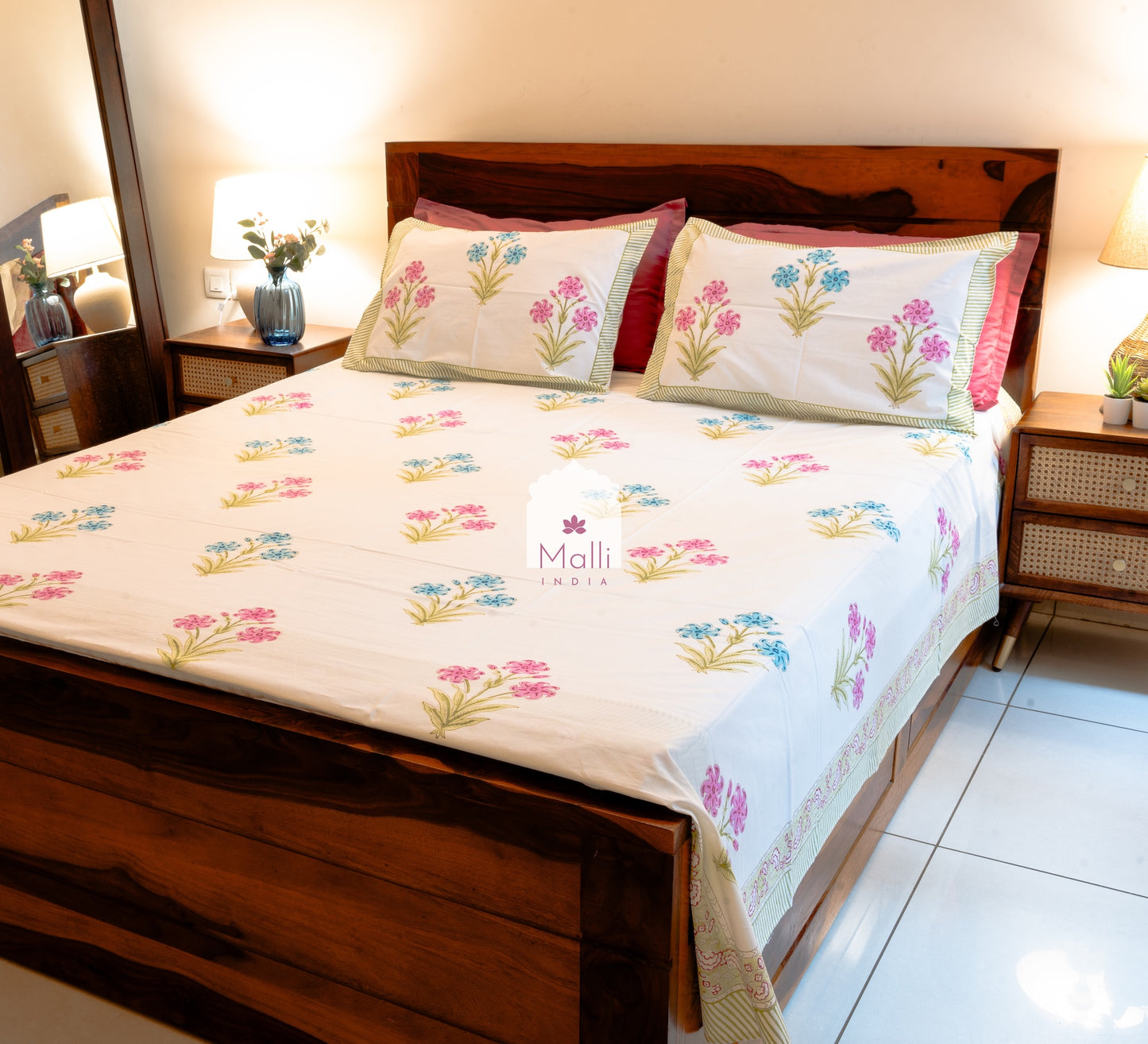 Pink & blue bloom - Pure cotton double bedsheet handblock printed (Super king)