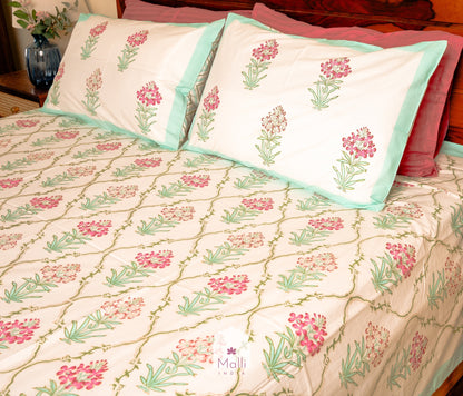 Pink wallflower jaal - Pure cotton double bedsheet handblock printed (Super king)