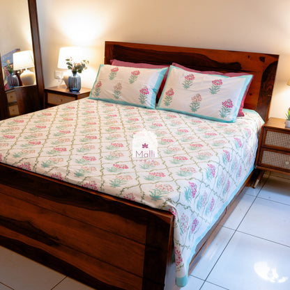 Pink wallflower jaal - Pure cotton double bedsheet handblock printed (Super king)