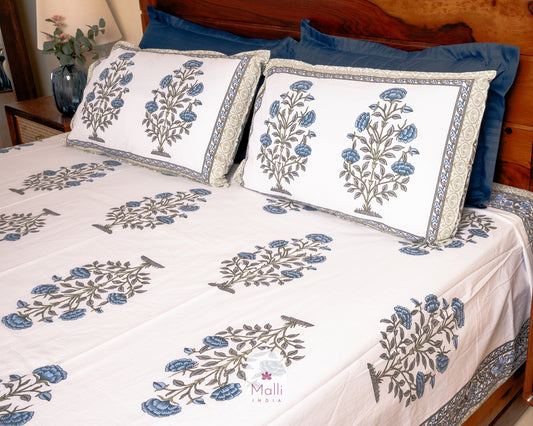 Blue chrysanthemum - Pure cotton double bedsheet handblock printed (Super king)