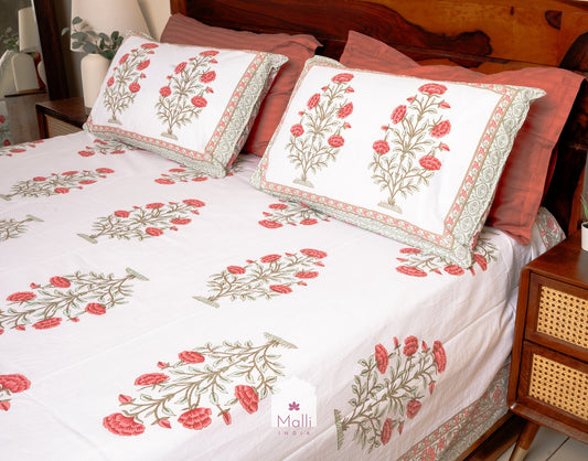 Peach chrysanthemum - Pure cotton double bedsheet handblock printed (Super king)