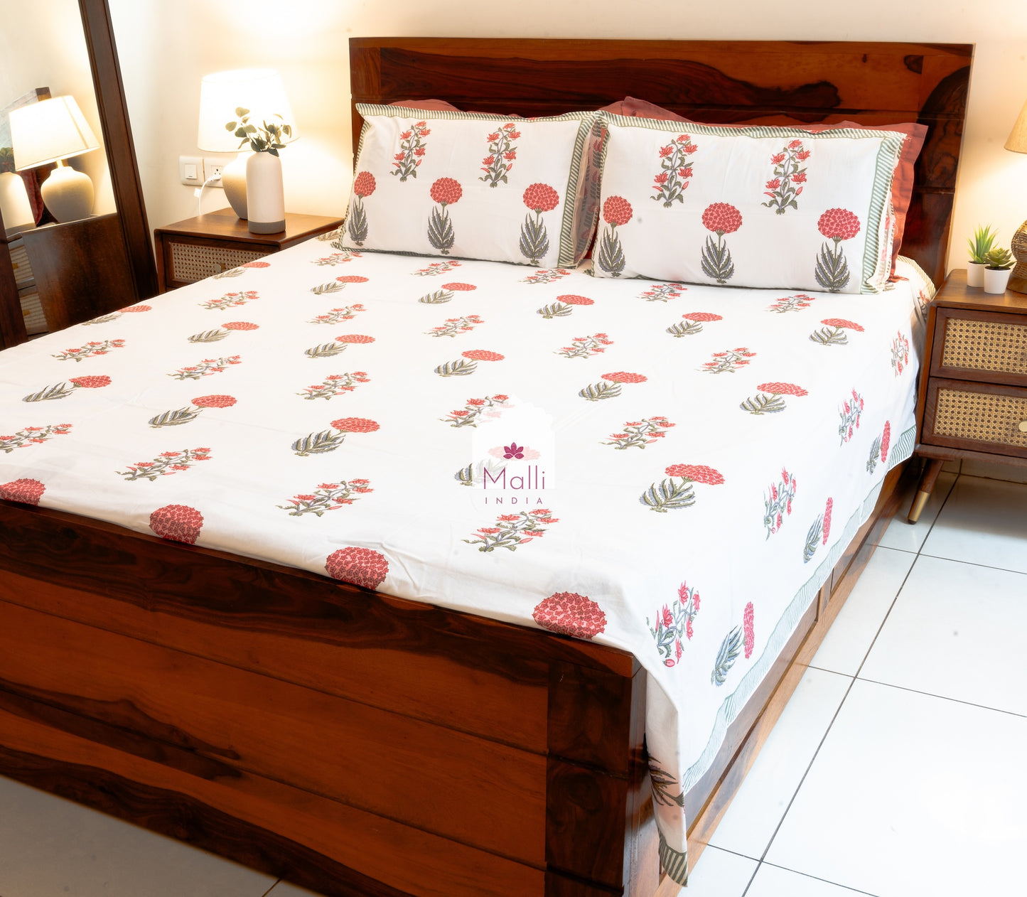 Peach bouquet with green leaves - Pure cotton double bedsheet handblock printed (Super king)
