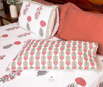 Peach bouquet with green leaves - Pure cotton double bedsheet handblock printed (Super king)
