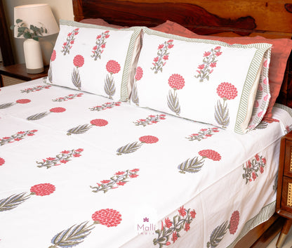 Peach bouquet with green leaves - Pure cotton double bedsheet handblock printed (Super king)