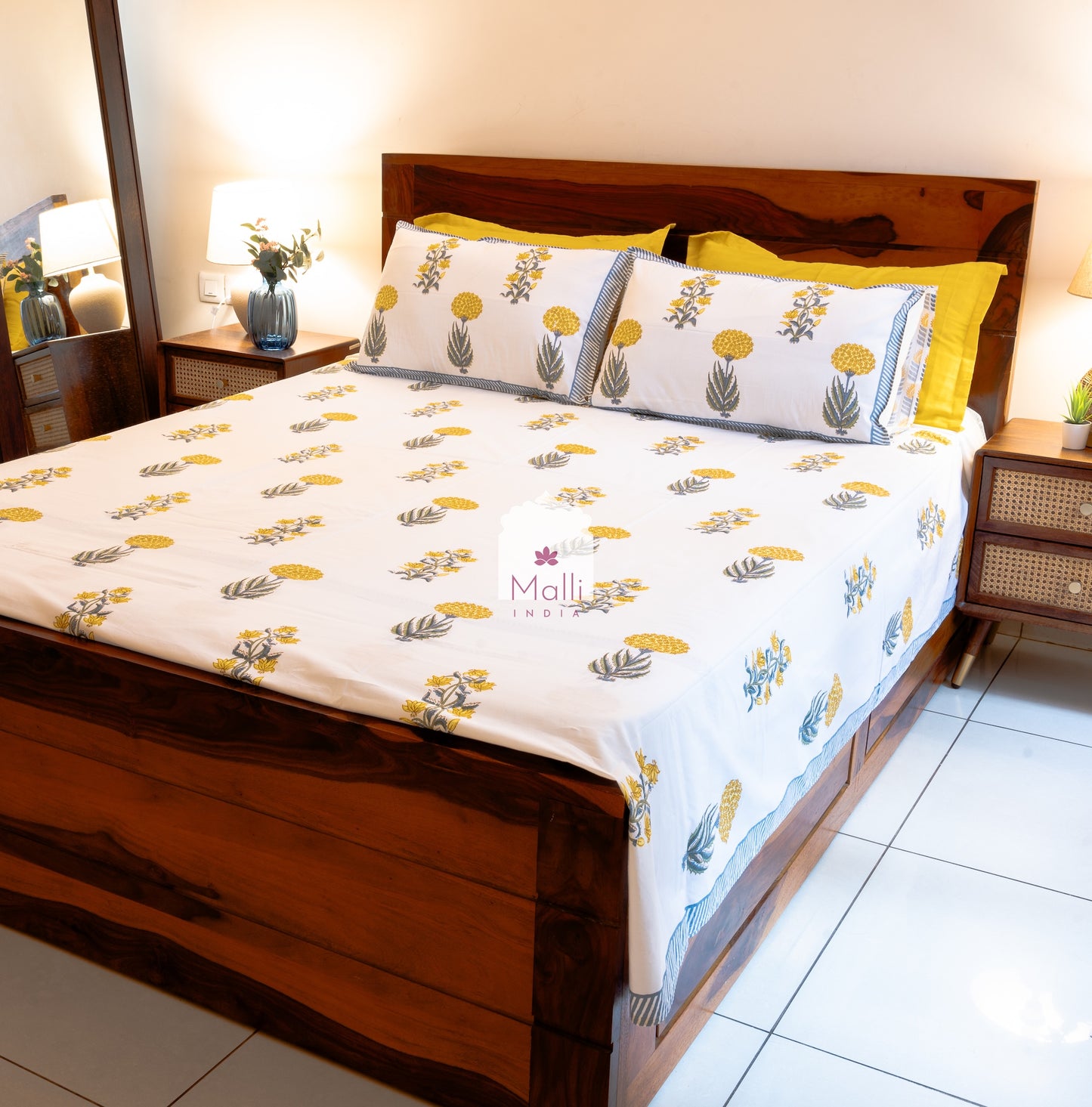 Yellow bouquet with grey & green leaves - Pure cotton double bedsheet handblock printed (Super king)