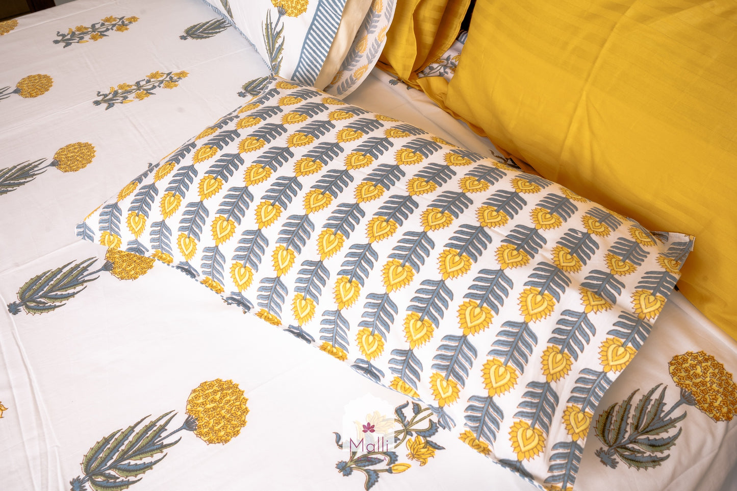 Yellow bouquet with grey & green leaves - Pure cotton double bedsheet handblock printed (Super king)