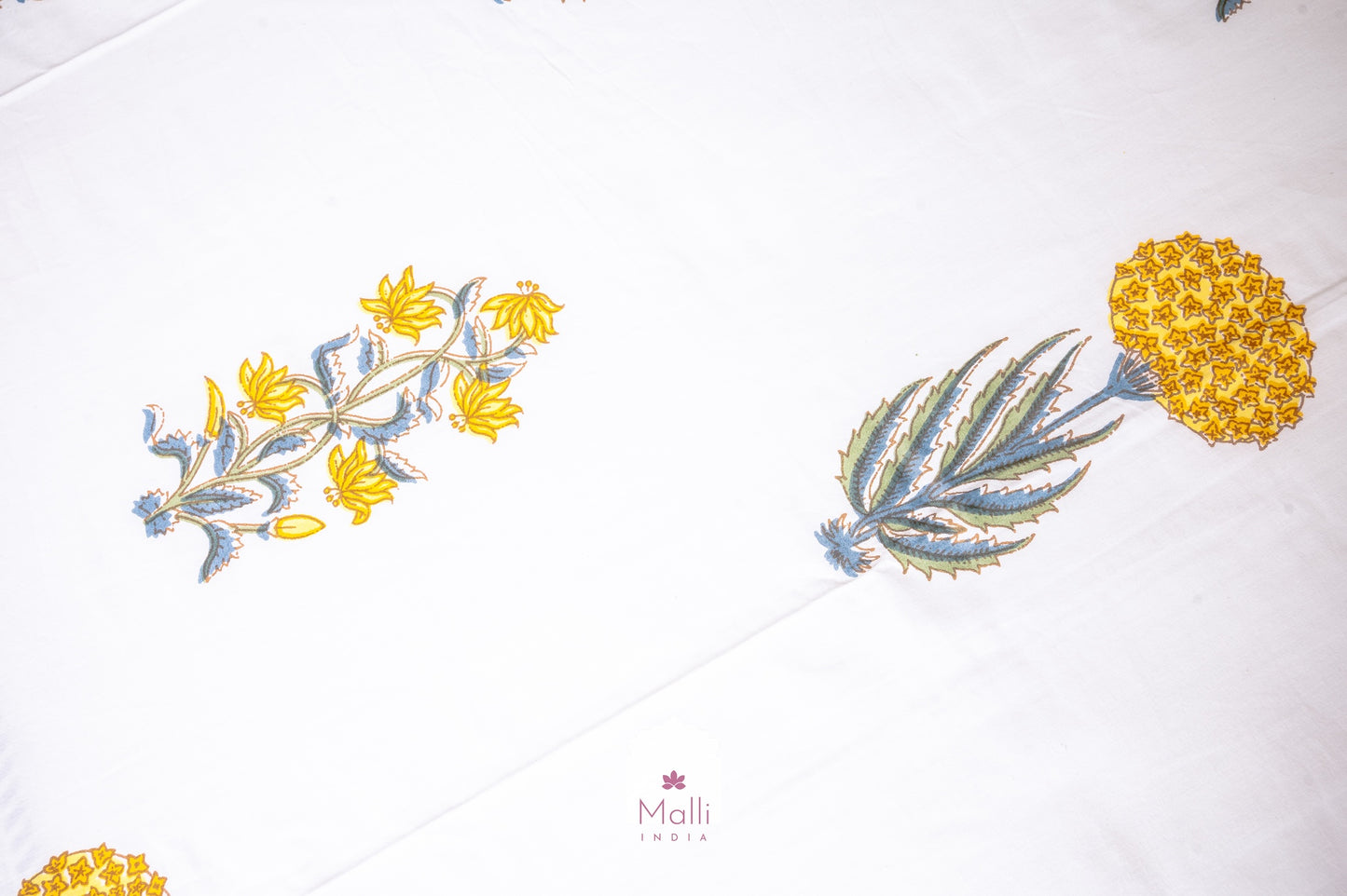 Yellow bouquet with grey & green leaves - Pure cotton double bedsheet handblock printed (Super king)