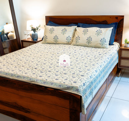 Blue jaal on beige - Pure cotton double bedsheet handblock printed
