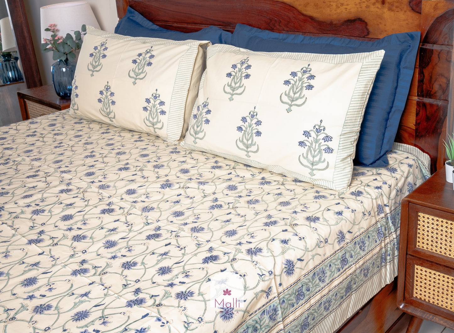 Blue jaal on beige - Pure cotton double bedsheet handblock printed