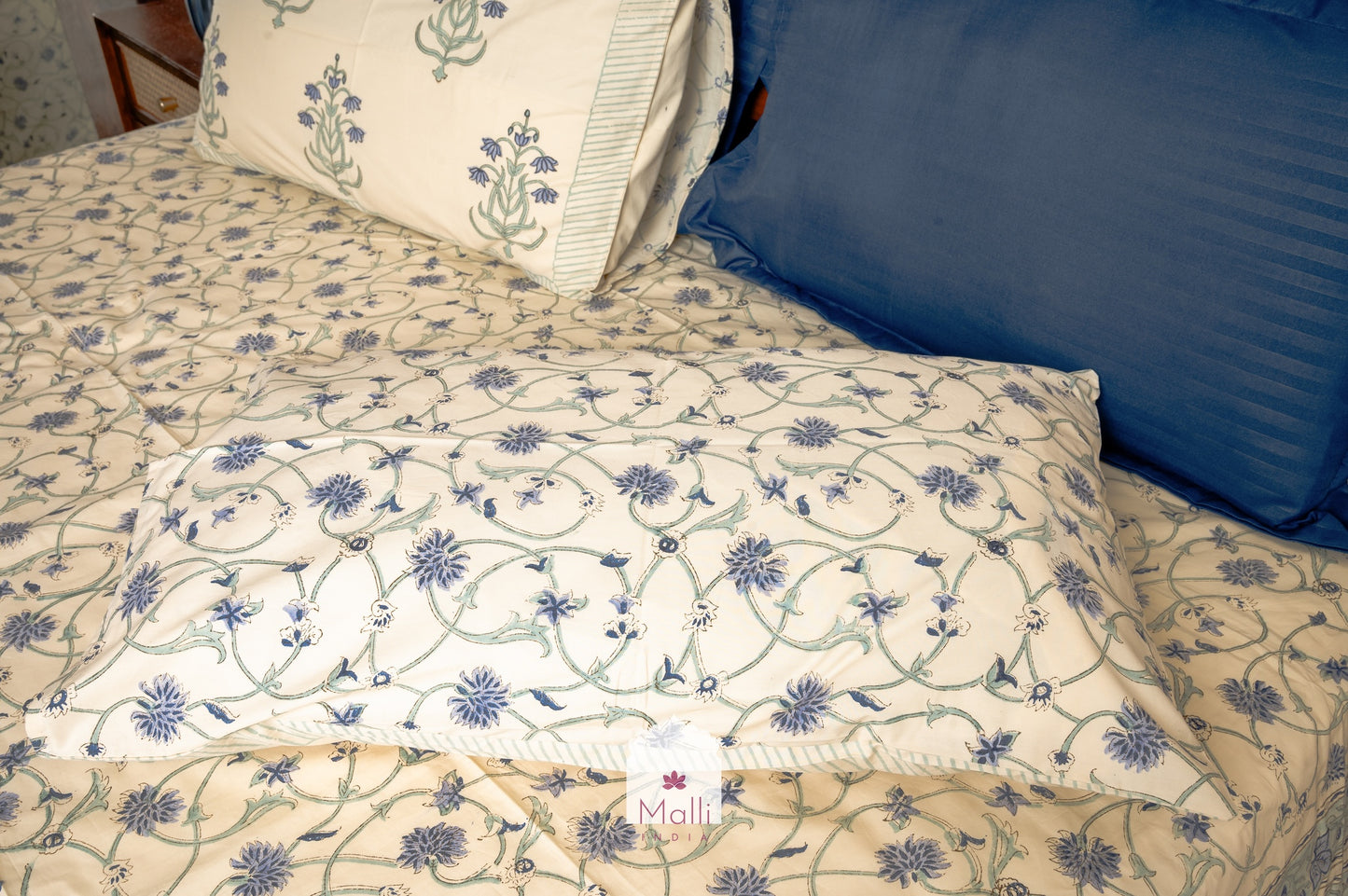 Blue jaal on beige - Pure cotton double bedsheet handblock printed