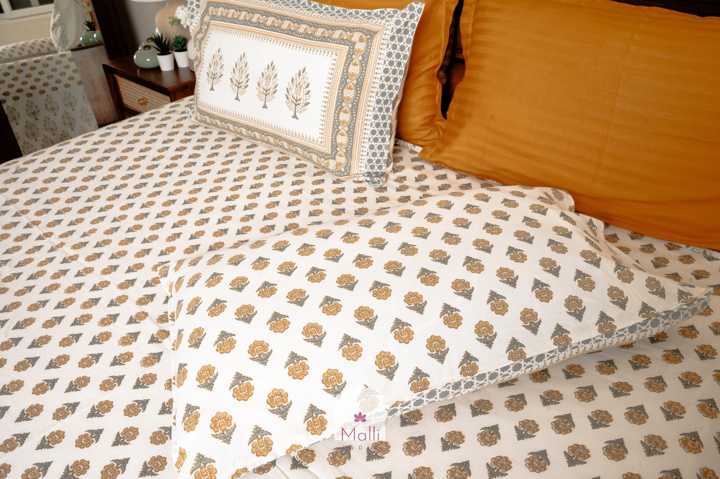 Mustard & grey floral but - Pure cotton double bedsheet handblock printed (Super king)