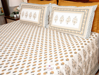Mustard & grey floral but - Pure cotton double bedsheet handblock printed (Super king)
