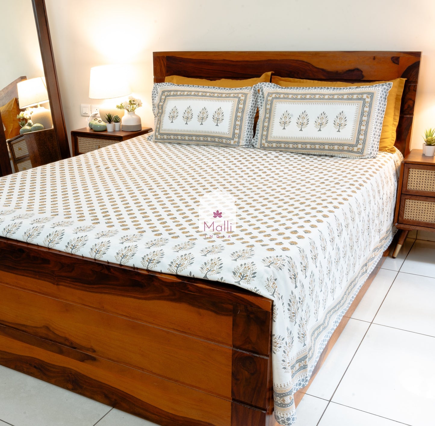 Mustard & grey floral but - Pure cotton double bedsheet handblock printed (Super king)