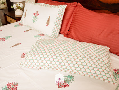 Pink madhumalti flowers with jaal border - Pure cotton double bedsheet handblock printed (Super king)