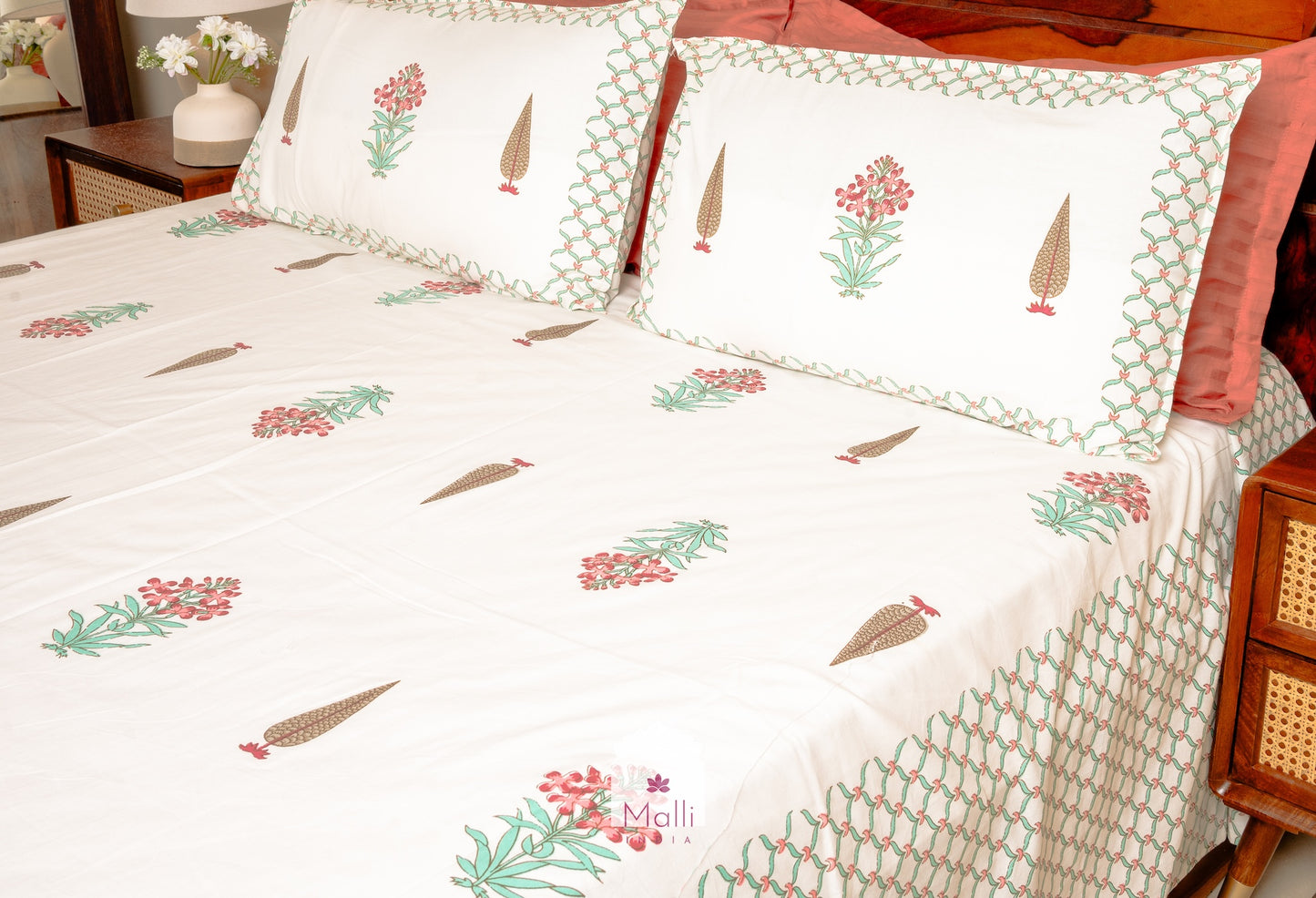 Pink madhumalti flowers with jaal border - Pure cotton double bedsheet handblock printed (Super king)