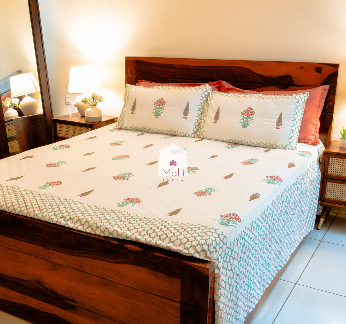 Pink madhumalti flowers with jaal border - Pure cotton double bedsheet handblock printed (Super king)