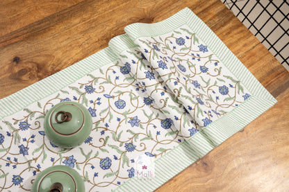 Blue jaal with green border - 6 seater runner in canvas cotton