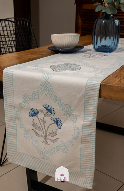 Light & dark blue jaal with border - 6 seater runner in canvas cotton