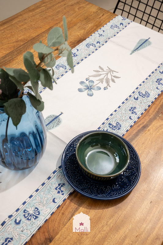 Blue florals with floral border - 6 seater runner in canvas cotton
