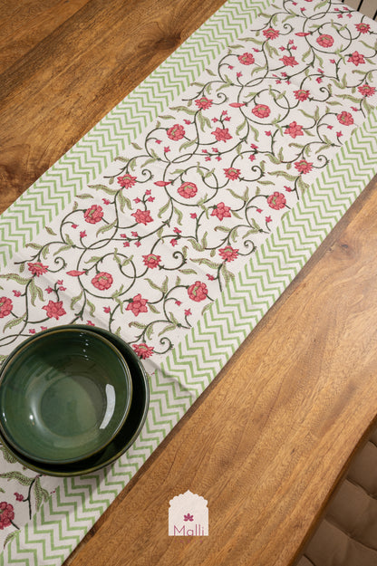 Peach floral jaal with green border - 6 seater runner in canvas cotton