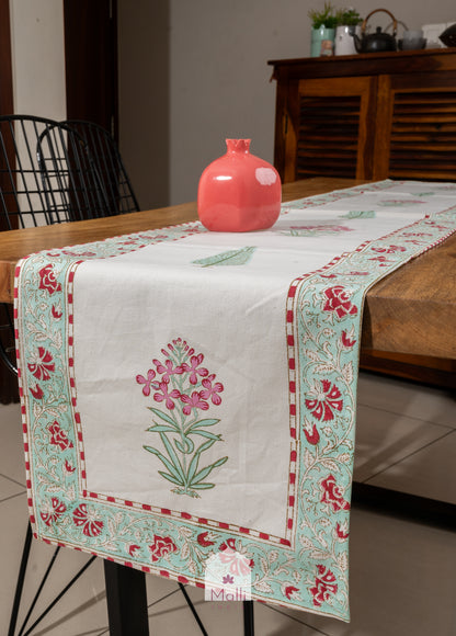 Pink & green madhumalti florals - 6 seater runner in canvas cotton