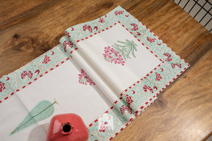 Pink & green madhumalti florals - 6 seater runner in canvas cotton