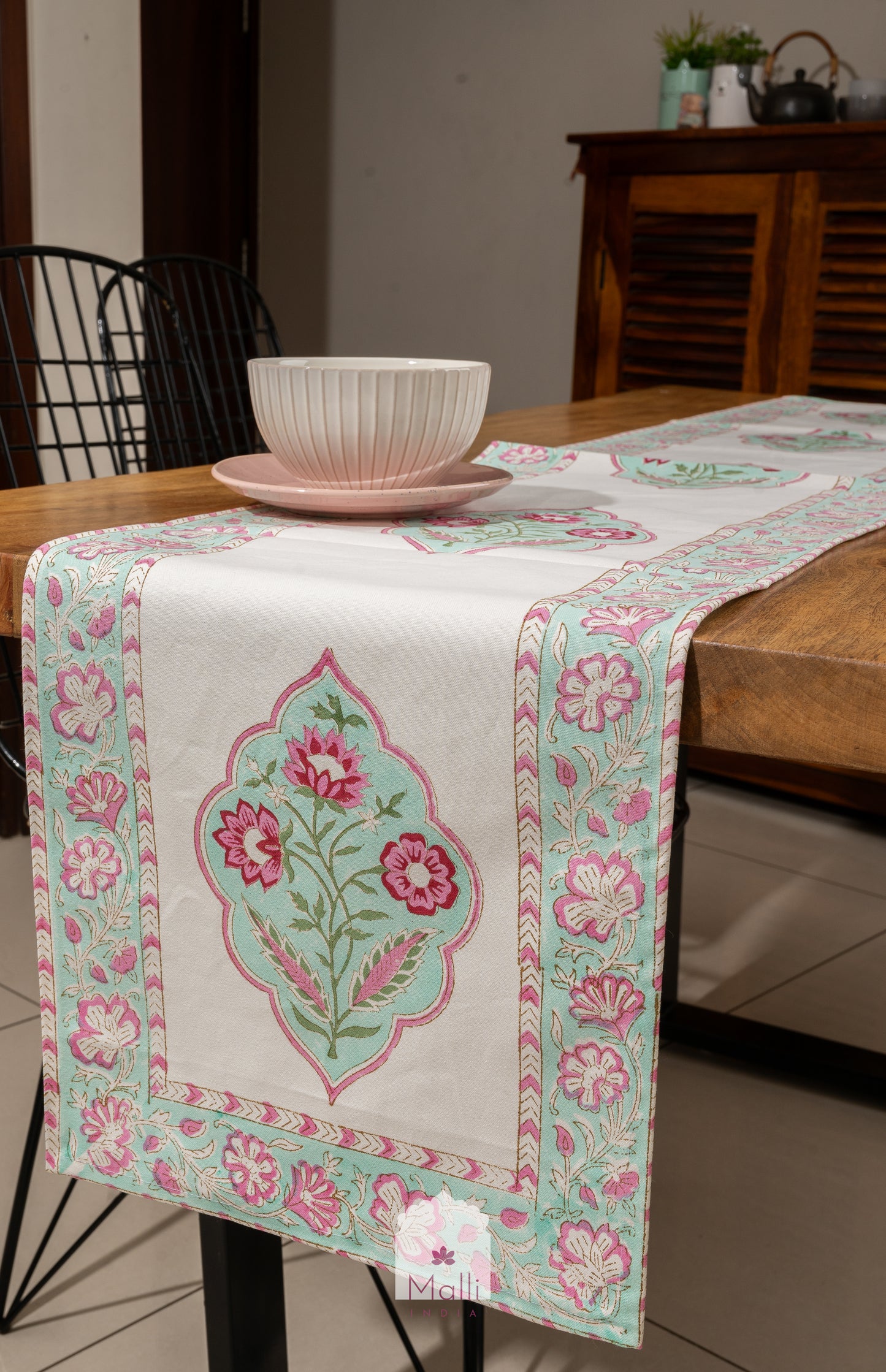 Pink & blue mughal florals - 6 seater runner in canvas cotton