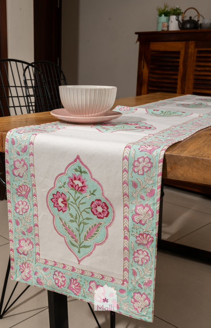 Pink & blue mughal florals - 6 seater runner in canvas cotton