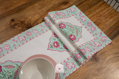 Pink & blue mughal florals - 6 seater runner in canvas cotton