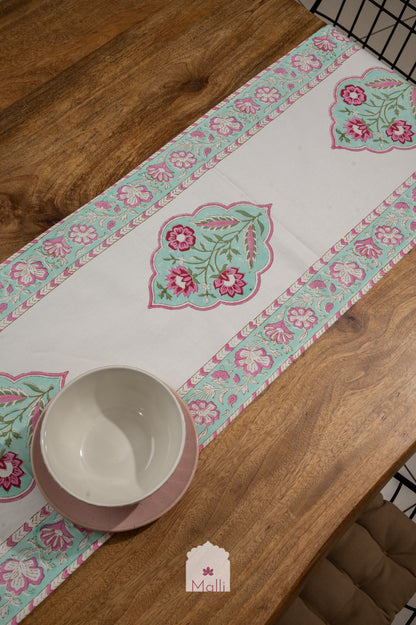 Pink & blue mughal florals - 6 seater runner in canvas cotton