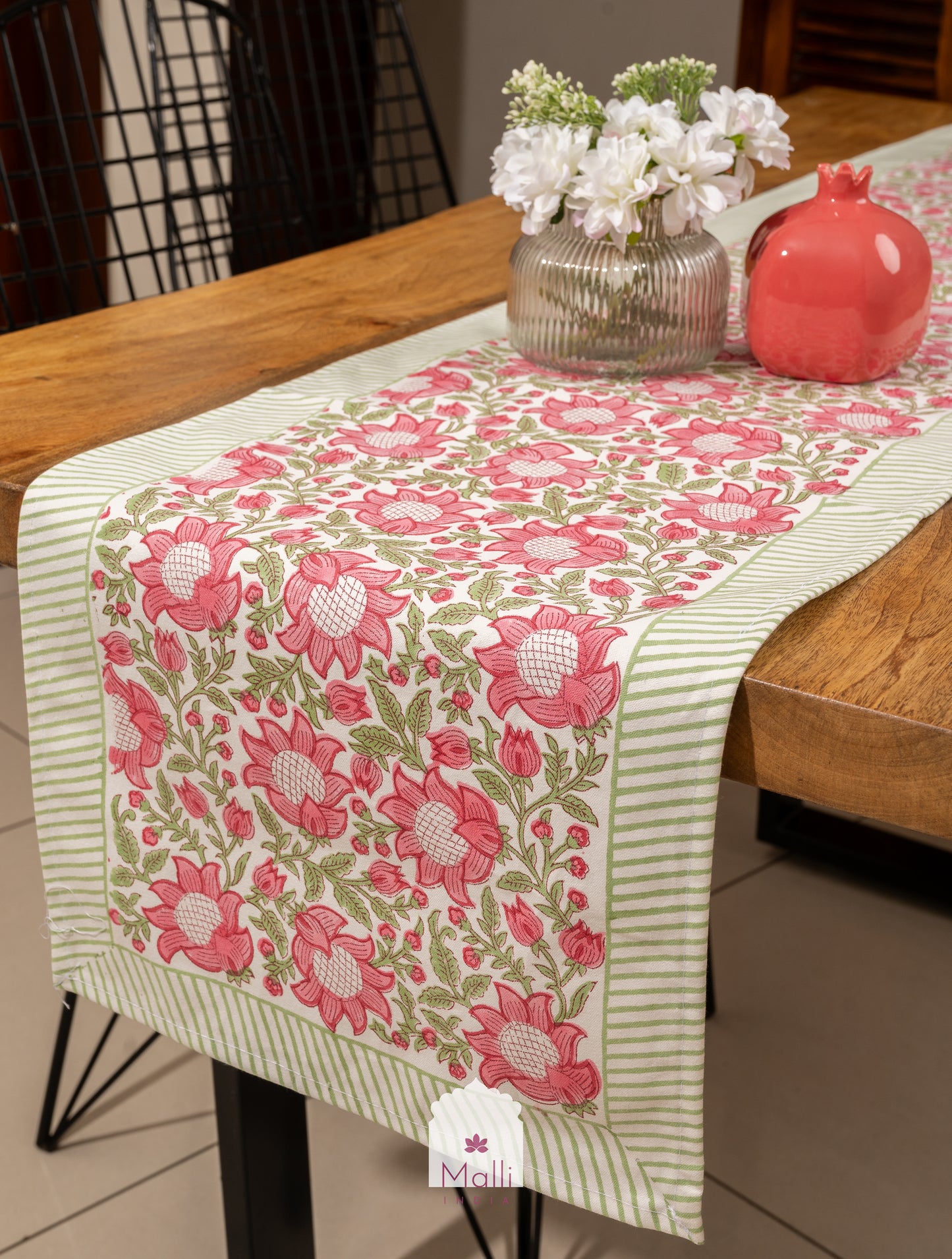 Pink & green mughal jaal design - 6 seater runner in canvas cotton