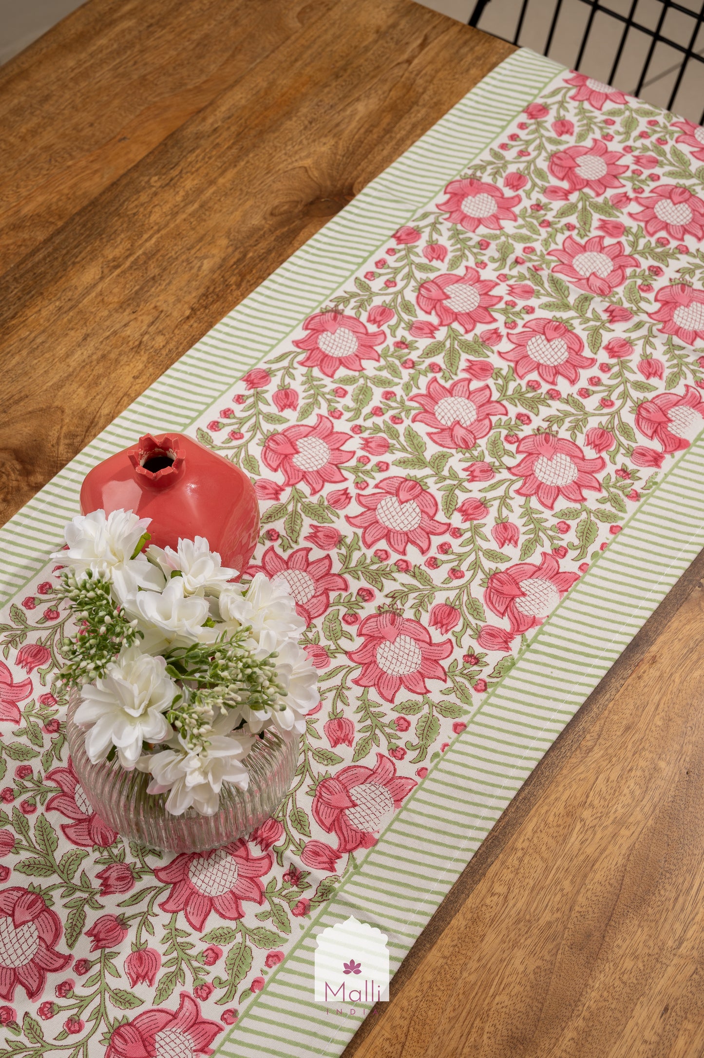 Pink & green mughal jaal design - 6 seater runner in canvas cotton